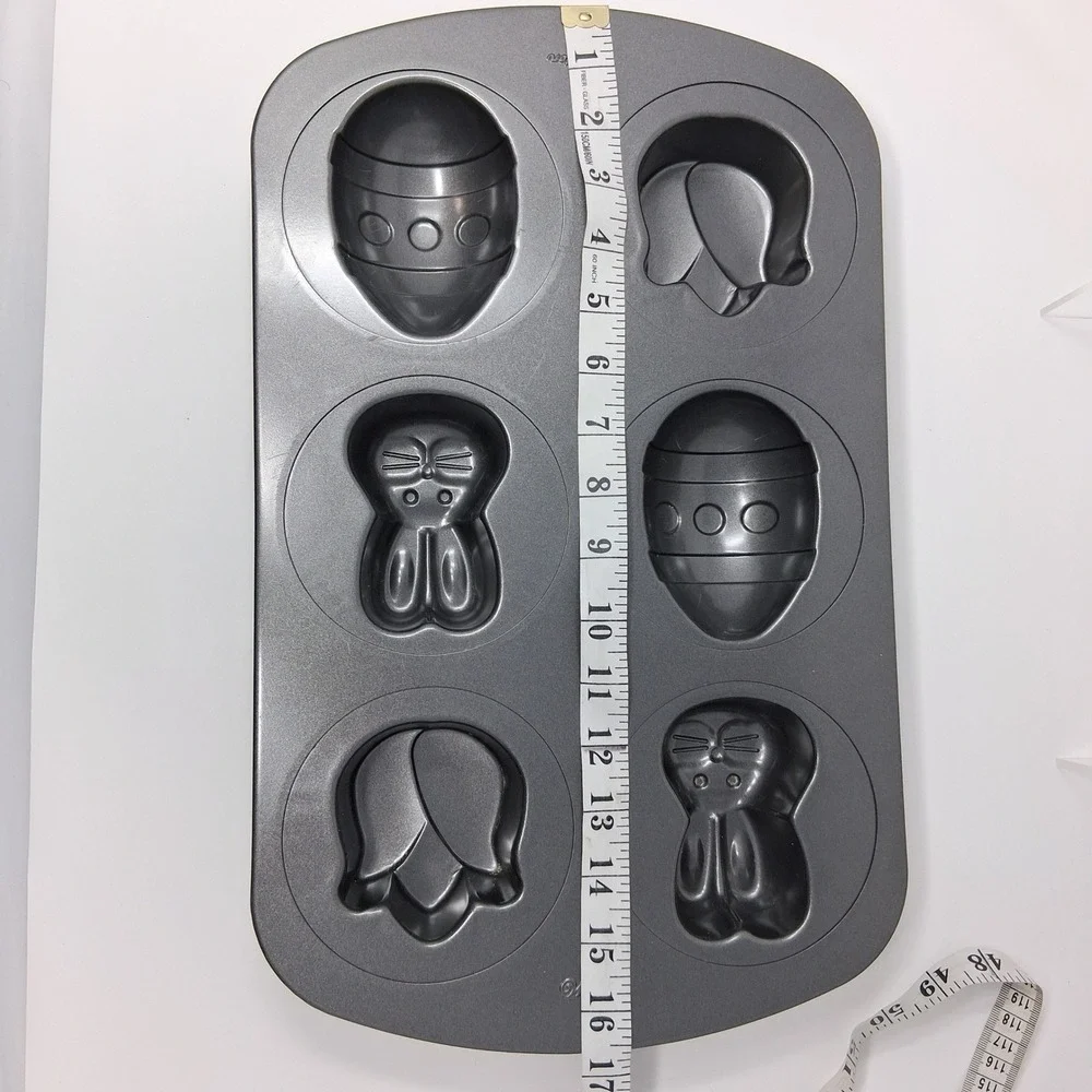 Wilton Easter Non-Stick 6 Cavity Baking Pan Bunny Egg Tulip Shapes Gray Steel